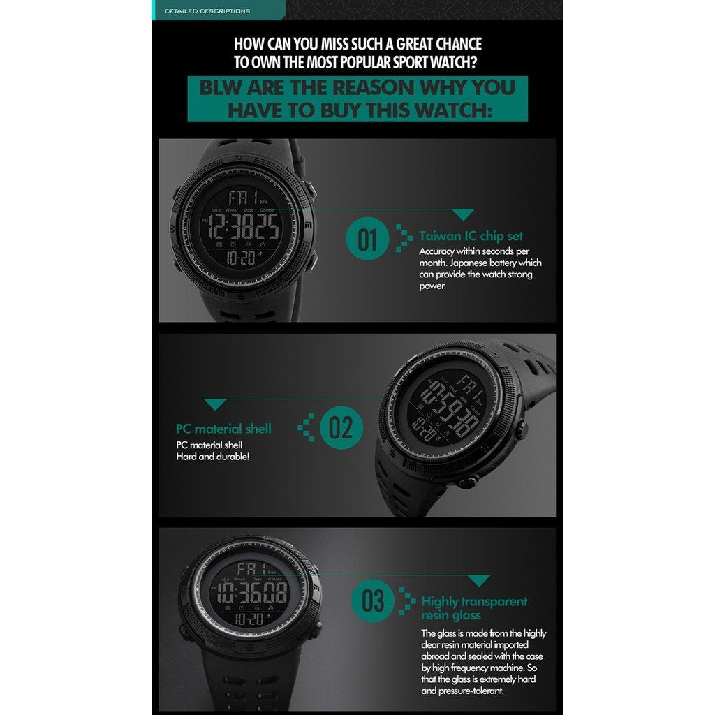 1251 Digital LED Waterproof Outdoor Sports Watch